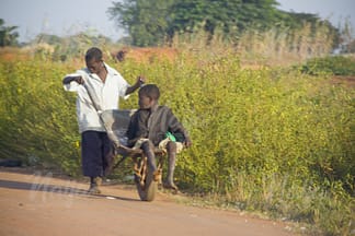 TWO CHILDREN PLAYING WITH A WHEEL BARROW